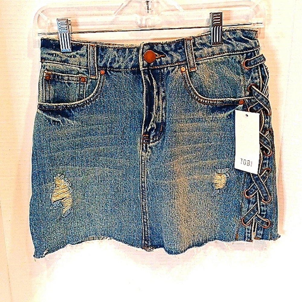 TOBI Denim Skirt Braided Sides Distressed Size 25 NWT